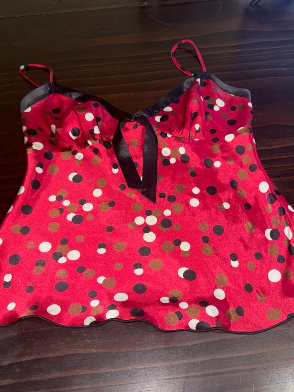 Trixxi Bright Red Polka Dot Satin Cami with Black Trim